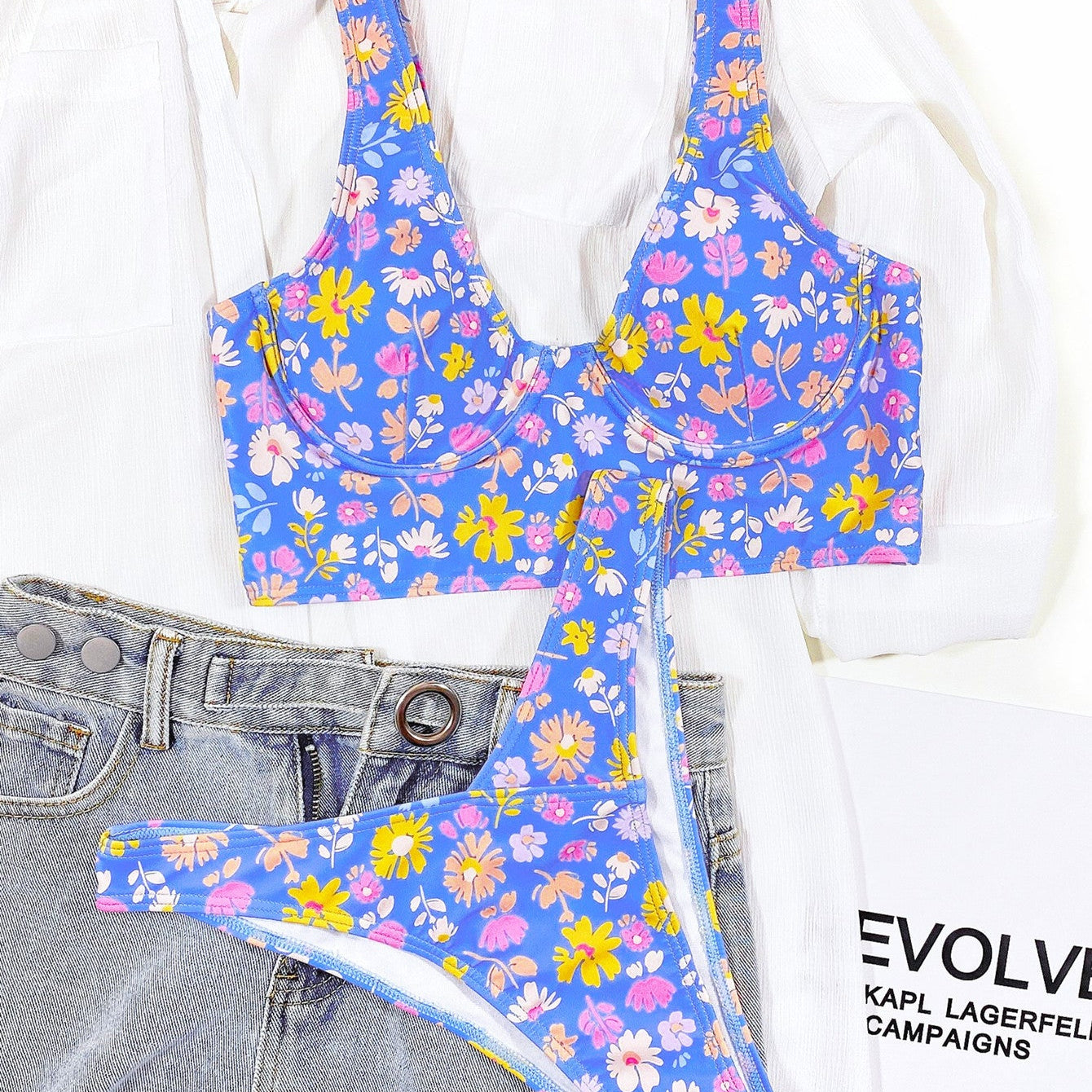 Ladies Split Swimsuit Small Floral Bikini Blue