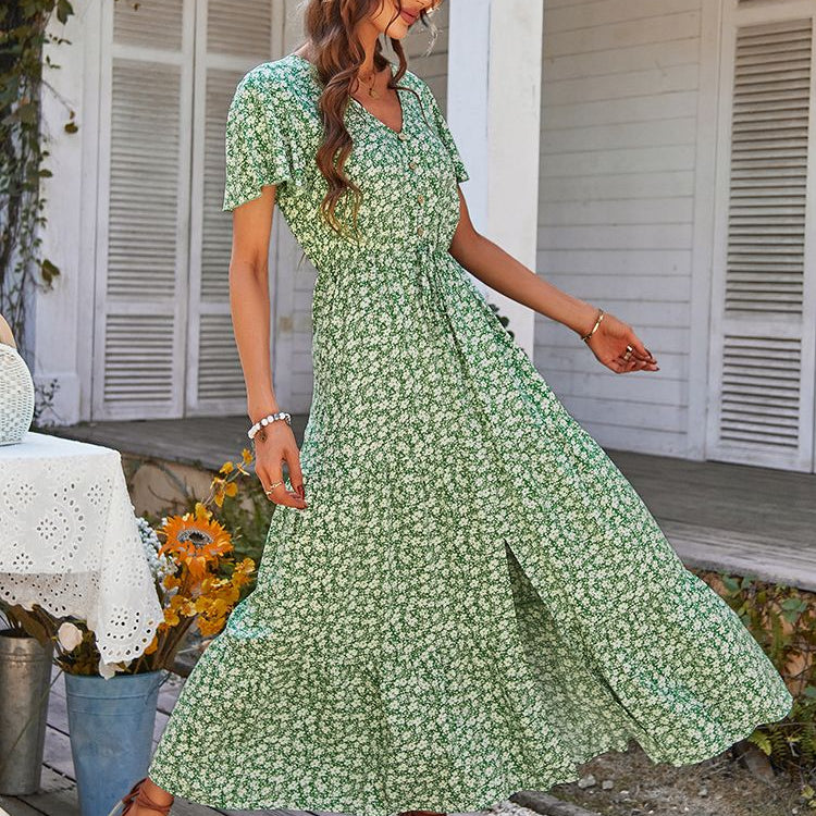 Ladies Vintage Long Floral Print Summer Dress Loose Casual Button Bohemian Beach Dress Women Sundress Robe Vestidos Female