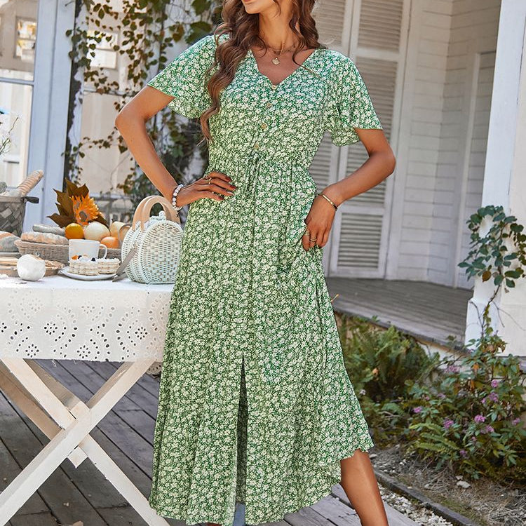 Ladies Vintage Long Floral Print Summer Dress Loose Casual Button Bohemian Beach Dress Women Sundress Robe Vestidos Female