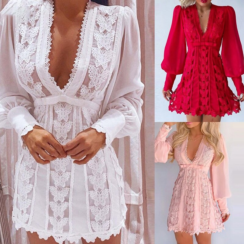 Lantern Sleeve Butterfly Lace Dress Sexy White Summer Clothes For Women Vestido Elegant Women Fashion Daily Work Mini Dr