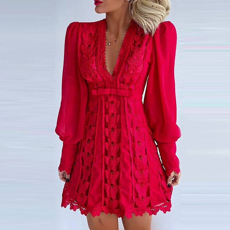 Lantern Sleeve Butterfly Lace Dress Sexy White Summer Clothes For Women Vestido Elegant Women Fashion Daily Work Mini Dr Red