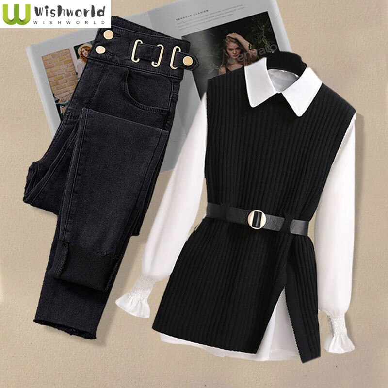 Large Autumn and Winter Suit for Women 2024 New Korean Fashion Knitted Vest Shirt Casual Slim Jeans Three Piece Set AMAIO