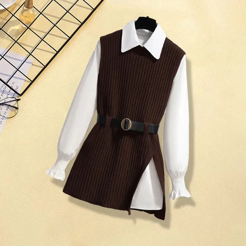 Large Autumn and Winter Suit for Women 2024 New Korean Fashion Knitted Vest Shirt Casual Slim Jeans Three Piece Set Brown top
