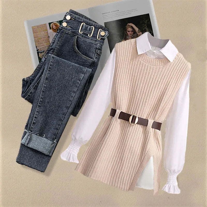 Large Autumn and Winter Suit for Women 2024 New Korean Fashion Knitted Vest Shirt Casual Slim Jeans Three Piece Set A three-piece suit 6