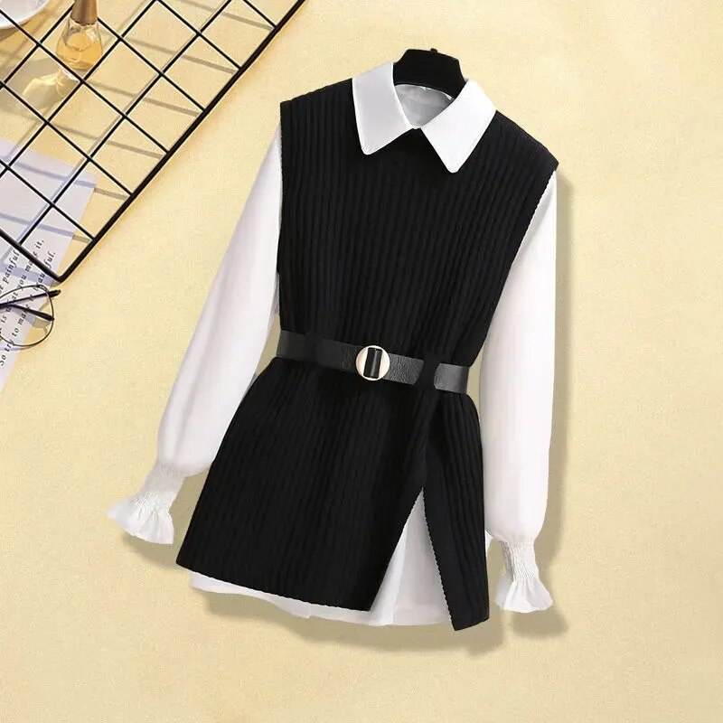 Large Autumn and Winter Suit for Women 2024 New Korean Fashion Knitted Vest Shirt Casual Slim Jeans Three Piece Set Black top