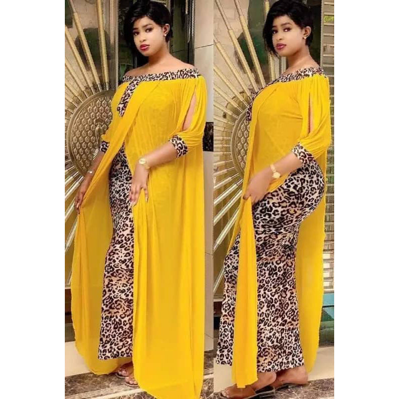 Large Size Chiffon Stitching Fake Two-piece Ankle Dress And Leopard Print Dress Women Yellow