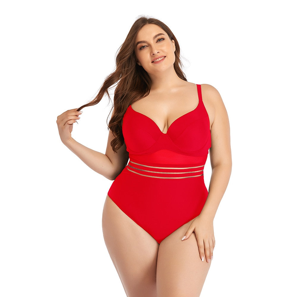 Large Size Swimsuits - One Piece Plus Size Bikini Set Swimwear Sexy Swim Suit Beachwear Bathing Suit Swimwear Monokini red