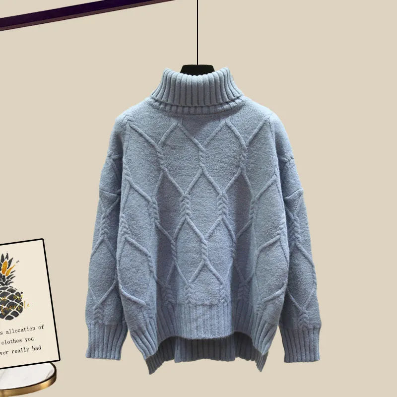 Large Size Women Winter Warm suit Fashion denim jacket and knitting Top+pant Three piece set Jacket Sportwear Big Matching 4XL blue sweater