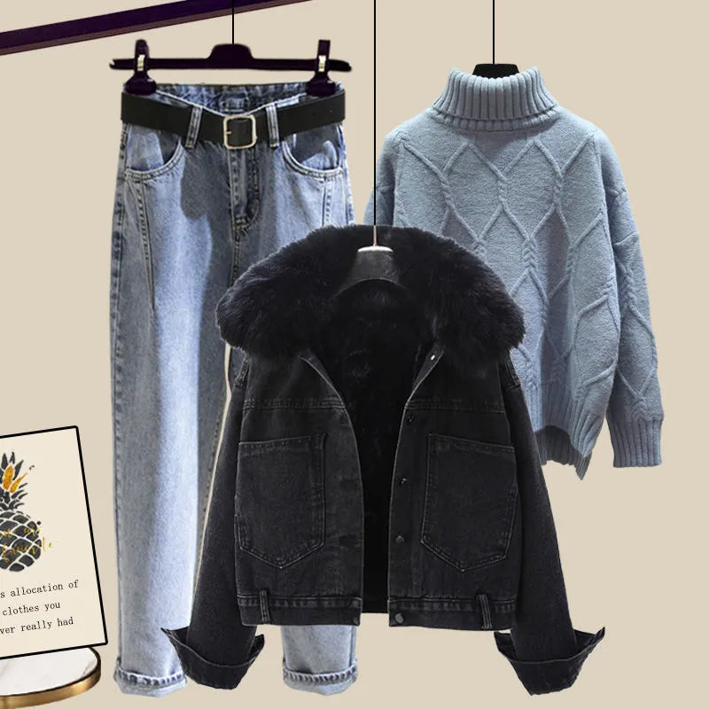 Large Size Women Winter Warm suit Fashion denim jacket and knitting Top+pant Three piece set Jacket Sportwear Big Matching 4XL suit 3