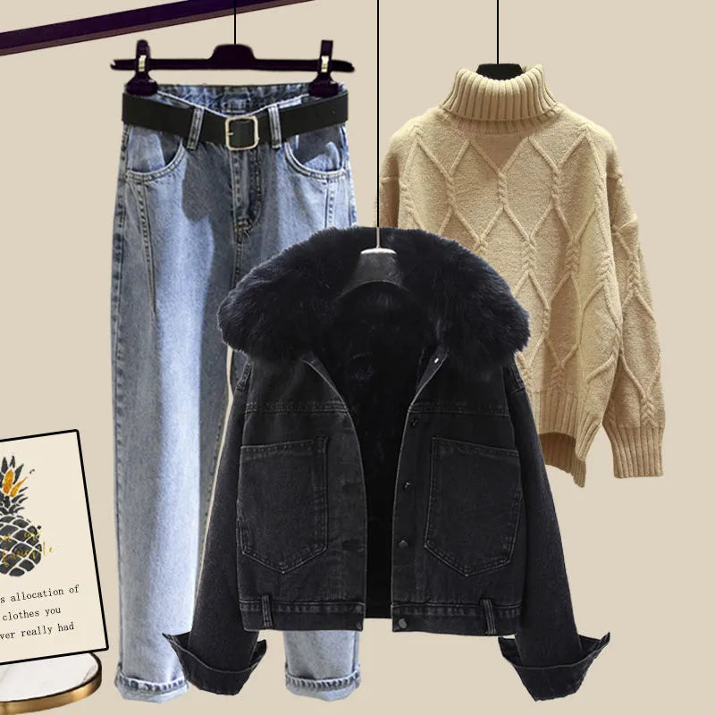 Large Size Women Winter Warm suit Fashion denim jacket and knitting Top+pant Three piece set Jacket Sportwear Big Matching 4XL suit 4