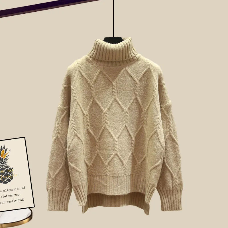 Large Size Women Winter Warm suit Fashion denim jacket and knitting Top+pant Three piece set Jacket Sportwear Big Matching 4XL khaki sweater