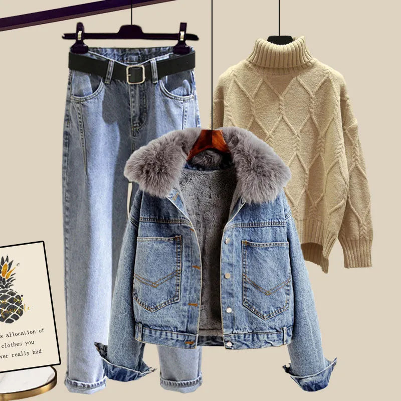 Large Size Women Winter Warm suit Fashion denim jacket and knitting Top+pant Three piece set Jacket Sportwear Big Matching 4XL suit 1