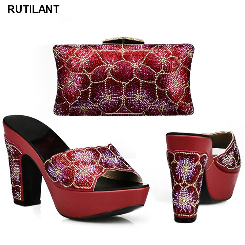 Latest Design Red Color Matching Women Shoes and Bag Set Decorated with Rhinestone African Shoe and Bag Set for Party In Women