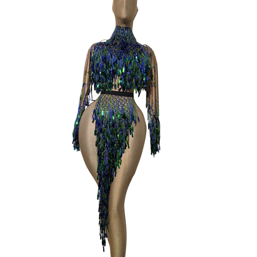 Latin Dance Costume Sequin Fringe Tassel Stage Outfit Dress for Women Ballroom Competition Dresses Night Party Clubwear