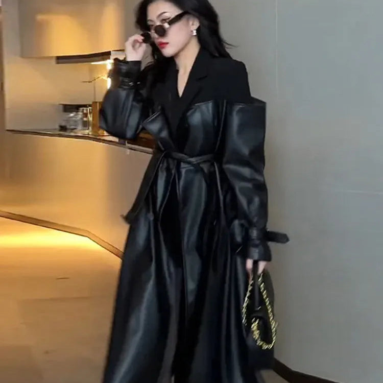 Lautaro Autumn Long Black Patchwork Pu Leather Trench Coat for Women Double Breasted Loose Stylish Luxury Designer Clothing 2023