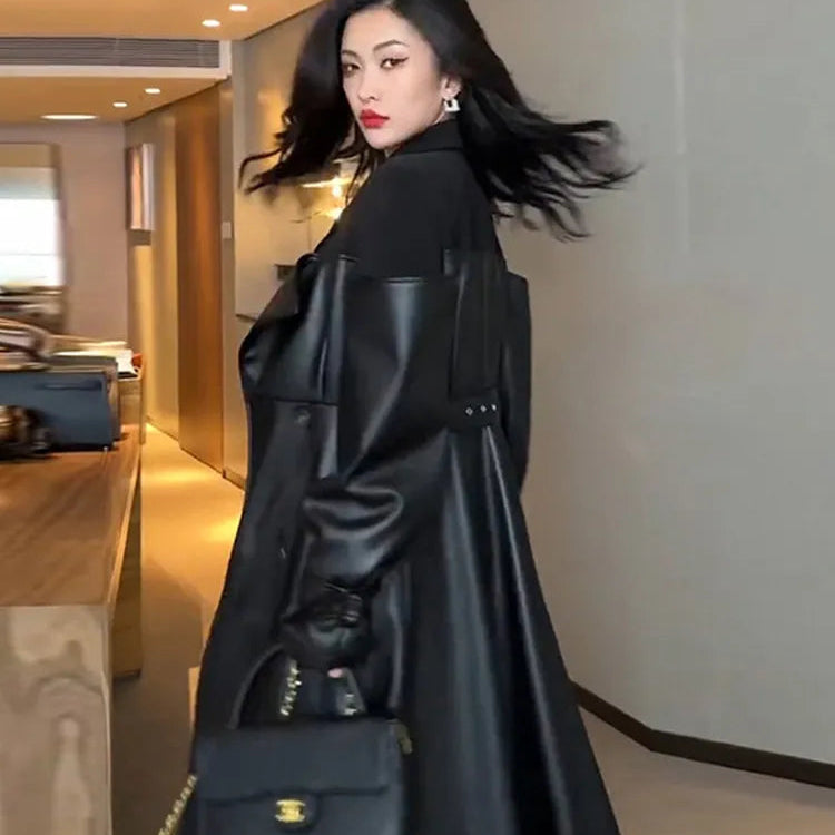 Lautaro Autumn Long Black Patchwork Pu Leather Trench Coat for Women Double Breasted Loose Stylish Luxury Designer Clothing 2023