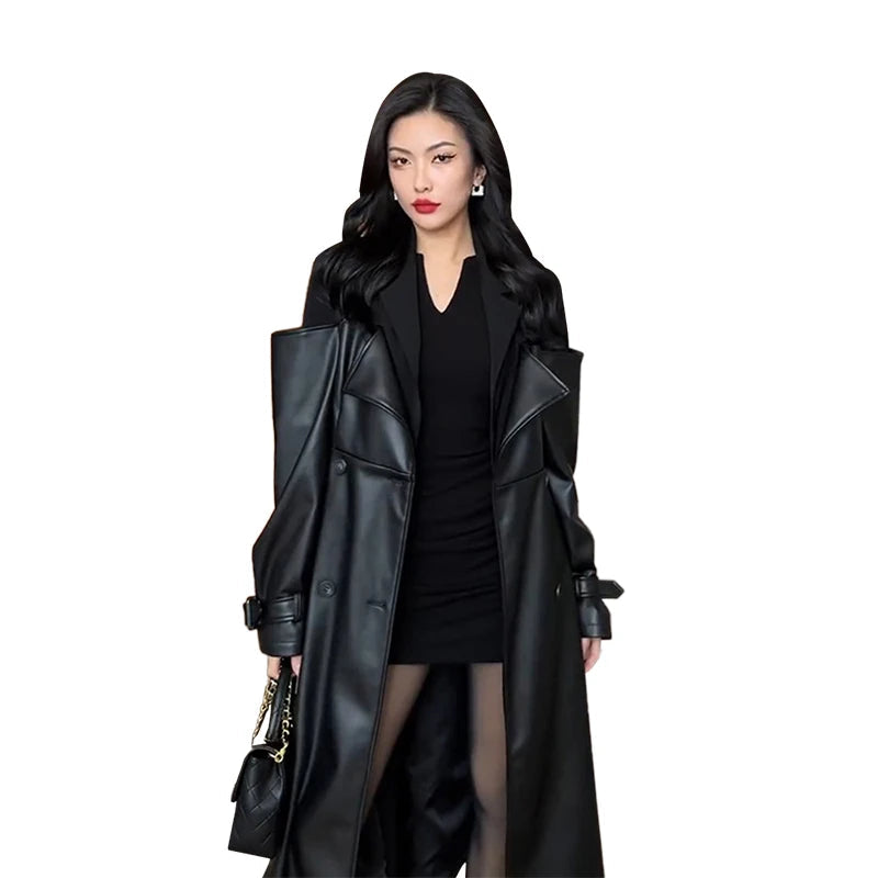 Lautaro Autumn Long Black Patchwork Pu Leather Trench Coat for Women Double Breasted Loose Stylish Luxury Designer Clothing 2023 Black