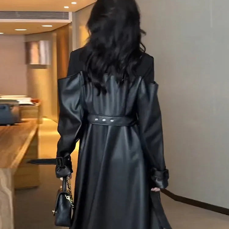 Lautaro Autumn Long Black Patchwork Pu Leather Trench Coat for Women Double Breasted Loose Stylish Luxury Designer Clothing 2023