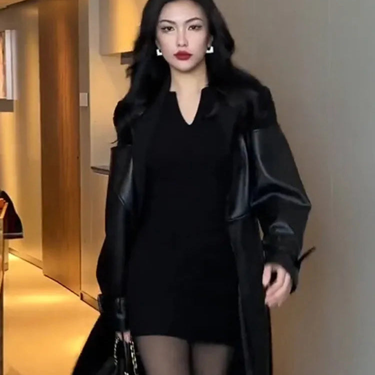 Lautaro Autumn Long Black Patchwork Pu Leather Trench Coat for Women Double Breasted Loose Stylish Luxury Designer Clothing 2023