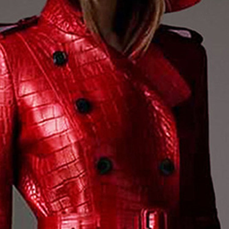 Lautaro Autumn Long Red Crocodile Print Leather Trench Coat for Women Belt Double Breasted Elegant British Style Fashion 2021