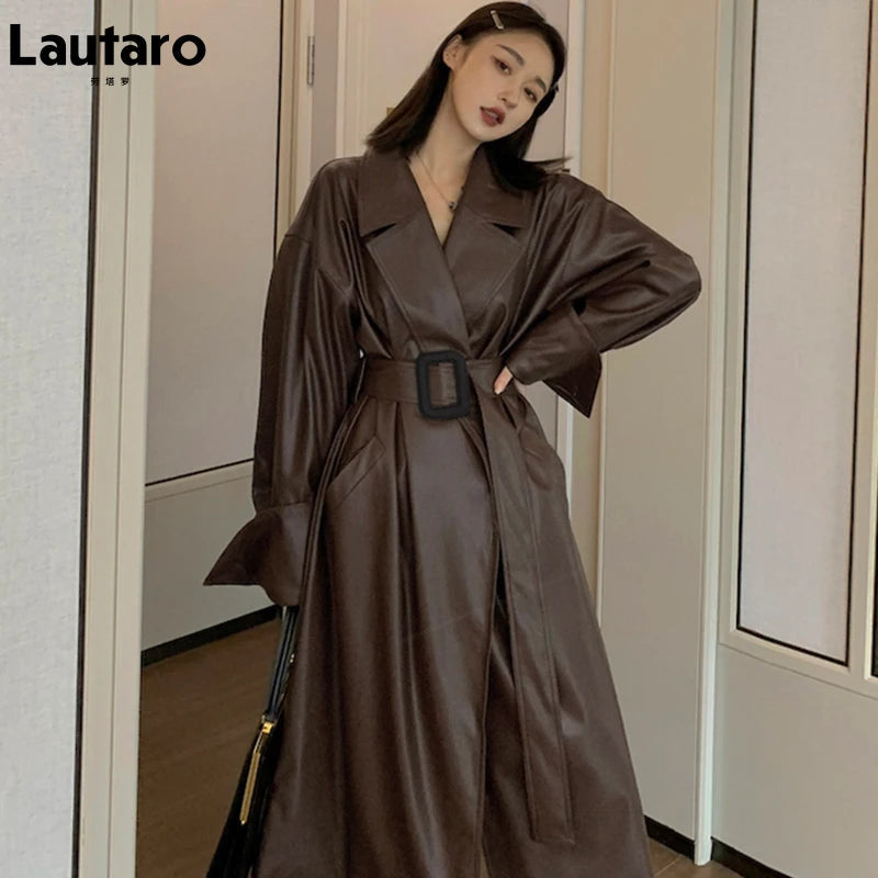 Lautaro Long oversized leather trench coat for women long sleeve lapel loose fit Fall Stylish black women clothing streetwear Brown