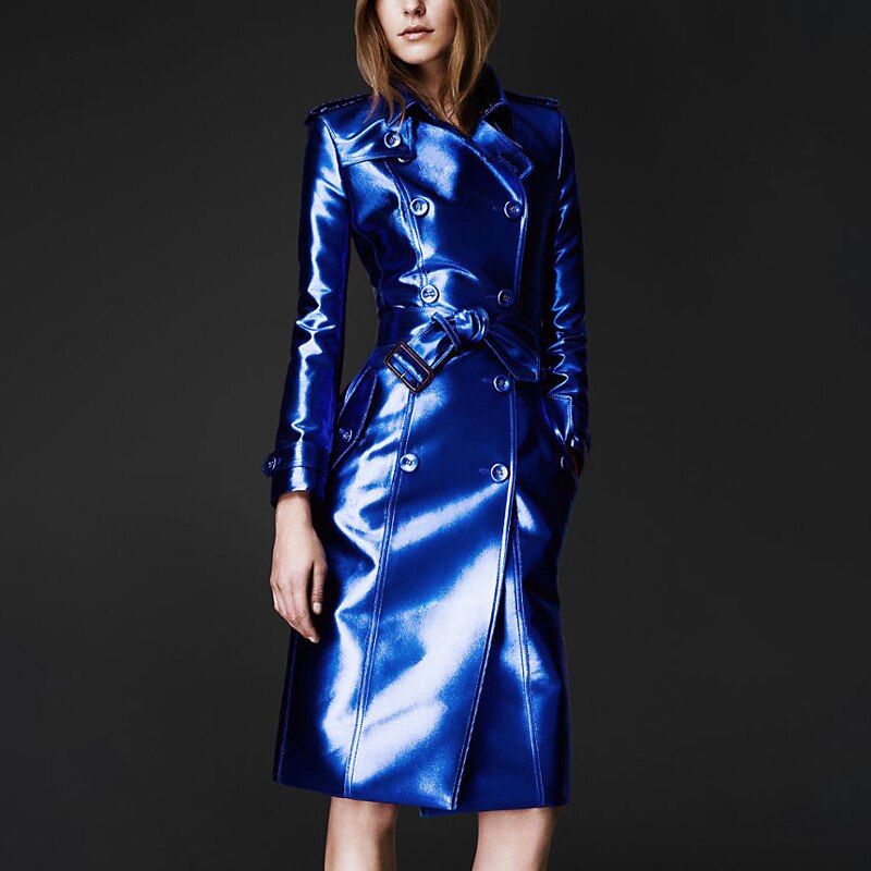 Lautaro Spring Autumn Long Shiny Reflective Patent Leather Trench Coat for Women Belt Double Breasted Cool European Fashion 2022 Sapphire blue