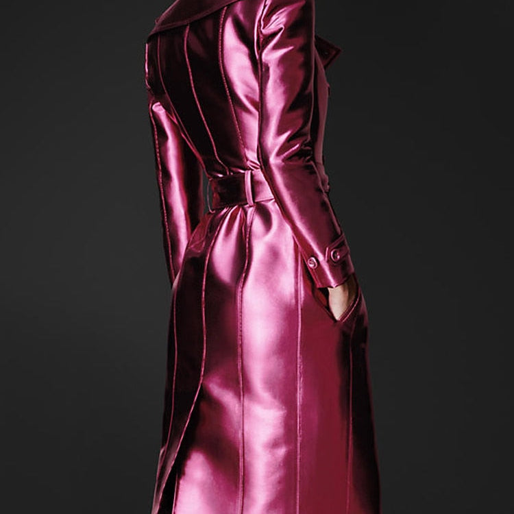 Lautaro Spring Autumn Long Shiny Reflective Patent Leather Trench Coat for Women Belt Double Breasted Cool European Fashion 2022