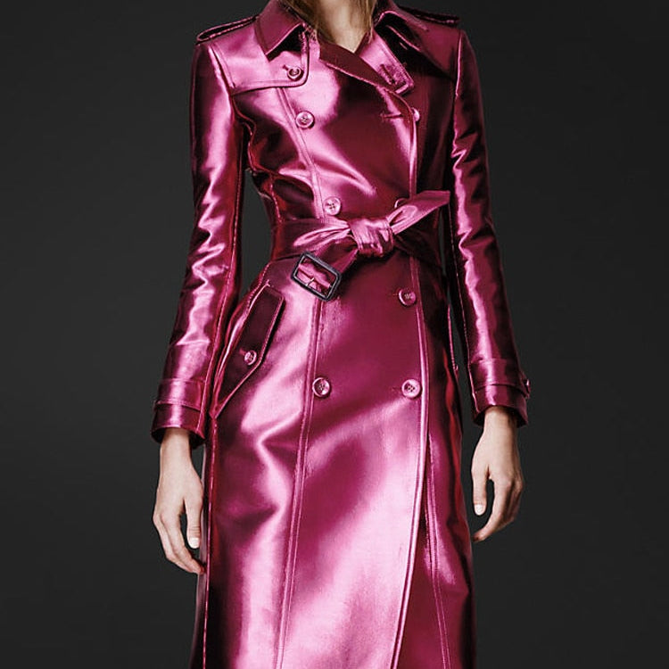 Lautaro Spring Autumn Long Shiny Reflective Patent Leather Trench Coat for Women Belt Double Breasted Cool European Fashion 2022