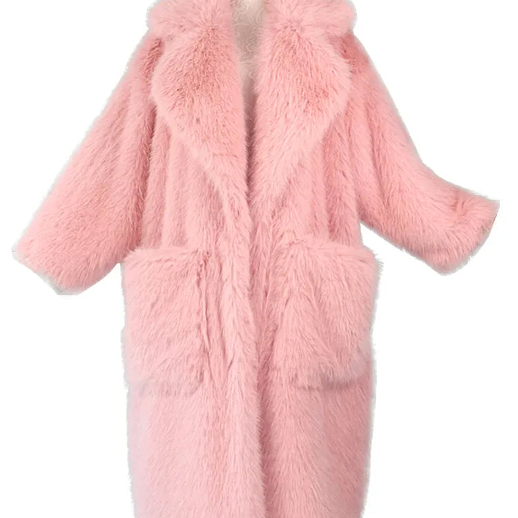 Lautaro Winter Long Oversized Pink Thick Warm Soft Shaggy Fluffy Faux Fur Coat Women Pockets Lapel Loose Sweet Cute Fashion 2022