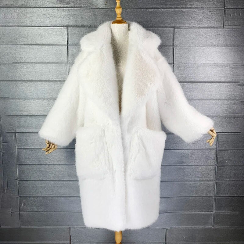 Lautaro Winter Long Oversized Pink Thick Warm Soft Shaggy Fluffy Faux Fur Coat Women Pockets Lapel Loose Sweet Cute Fashion 2022 White