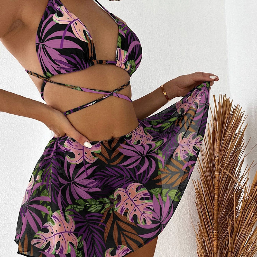 Leaf Print Bikini Women's Three-piece Two-piece Swimsuit AMAIO