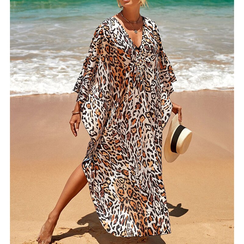 Leopard Print Knitted Beach Cover up dress Tunic Long Pareos Bikinis Cover ups Swim Cover up Robe Plage Beachwear C One Size