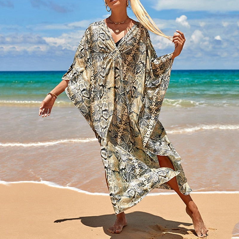 Leopard Print Knitted Beach Cover up dress Tunic Long Pareos Bikinis Cover ups Swim Cover up Robe Plage Beachwear D One Size