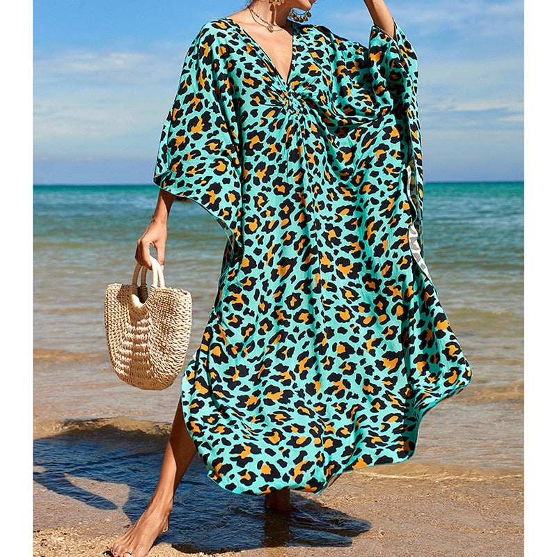 Leopard Print Knitted Beach Cover up dress Tunic Long Pareos Bikinis Cover ups Swim Cover up Robe Plage Beachwear E One Size