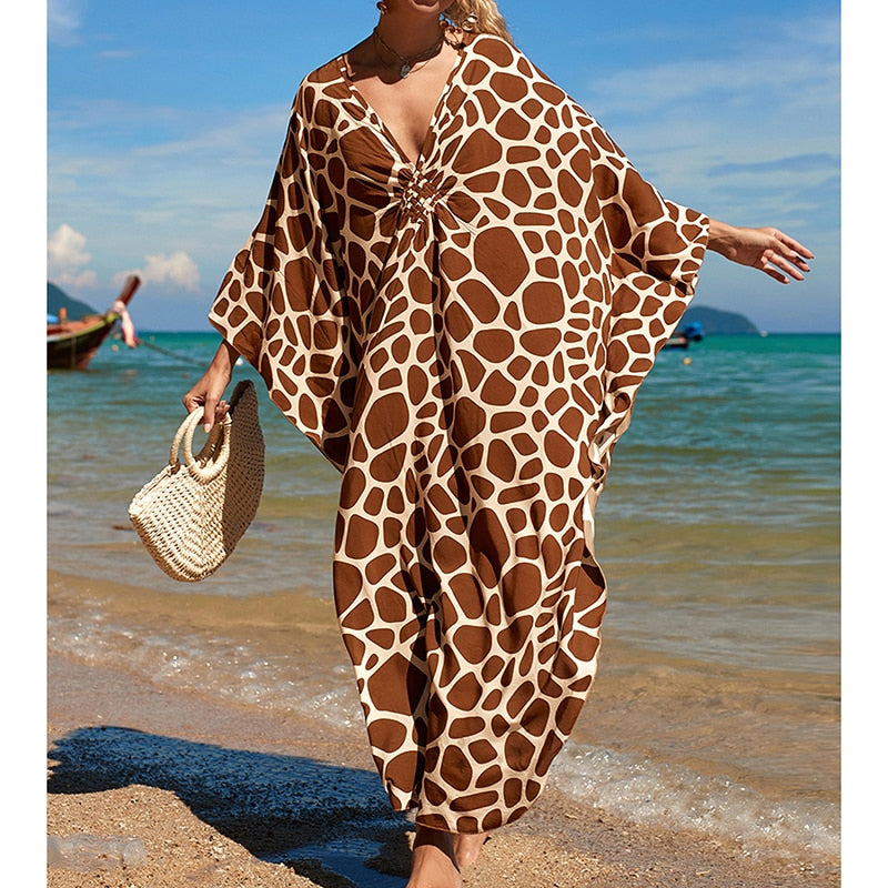 Leopard Print Knitted Beach Cover up dress Tunic Long Pareos Bikinis Cover ups Swim Cover up Robe Plage Beachwear