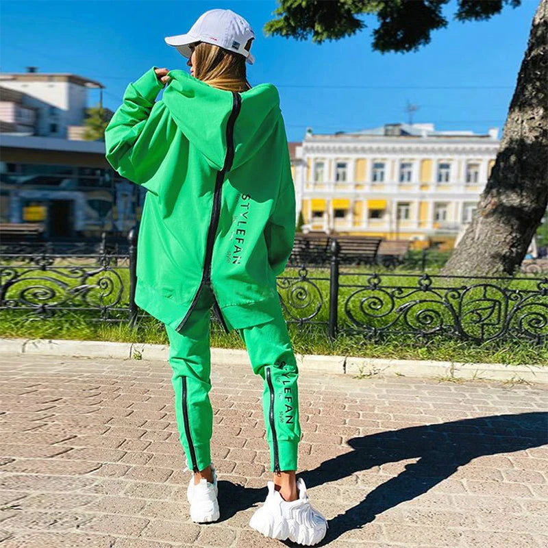 Letter Printing Long Sweater Sweatpants Autumn Fashion Casual Loose Suit 2 Pcs Running Tracksuit Women Fitness Clothing Green