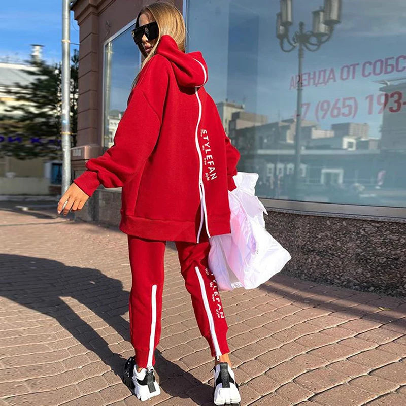 Letter Printing Long Sweater Sweatpants Autumn Fashion Casual Loose Suit 2 Pcs Running Tracksuit Women Fitness Clothing Red