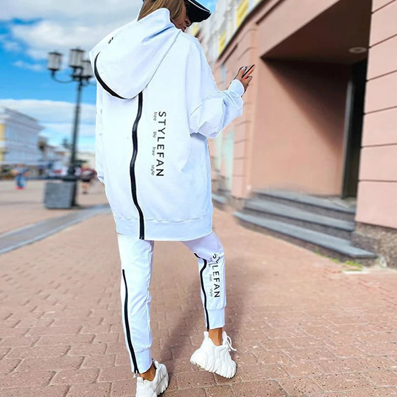 Letter Printing Long Sweater Sweatpants Autumn Fashion Casual Loose Suit 2 Pcs Running Tracksuit Women Fitness Clothing White