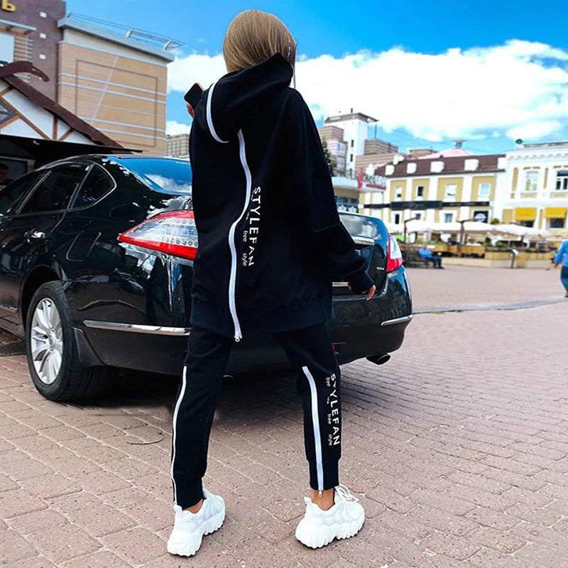 Letter Printing Long Sweater Sweatpants Autumn Fashion Casual Loose Suit 2 Pcs Running Tracksuit Women Fitness Clothing Black