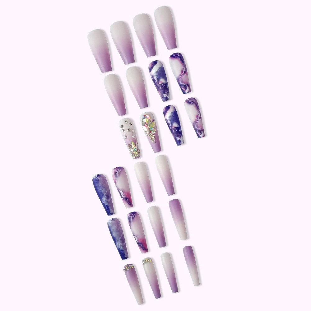Light Luxury Violet strobe fake nails with glitter diamond press on nails accessories faux ongles long french coffin nail tips