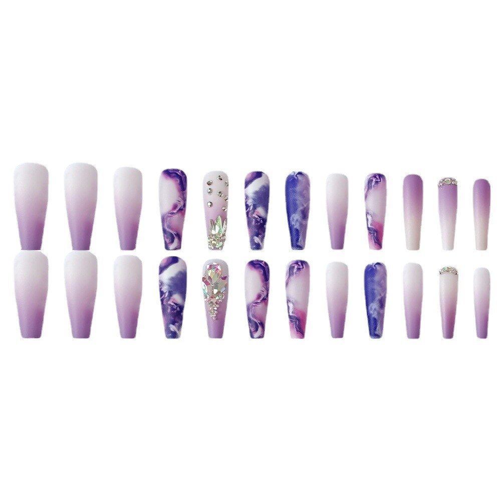 Light Luxury Violet strobe fake nails with glitter diamond press on nails accessories faux ongles long french coffin nail tips