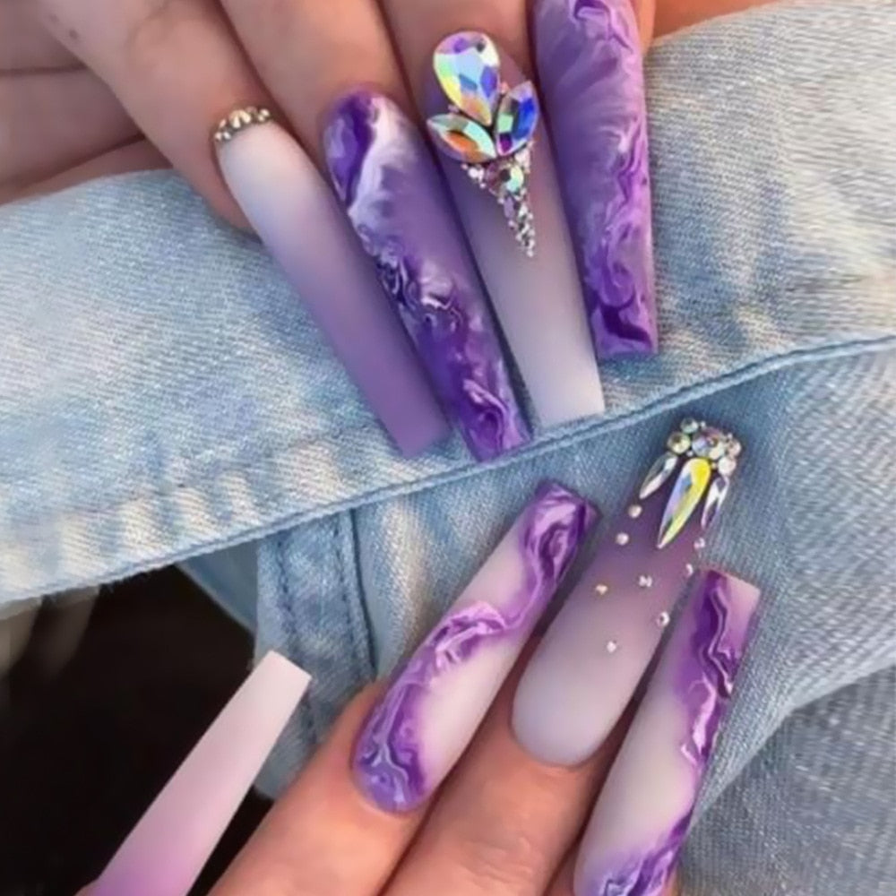 Light Luxury Violet strobe fake nails with glitter diamond press on nails accessories faux ongles long french coffin nail tips AMAIO