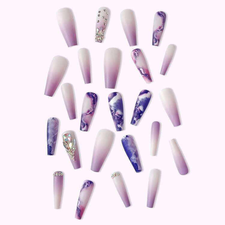 Light Luxury Violet strobe fake nails with glitter diamond press on nails accessories faux ongles long french coffin nail tips