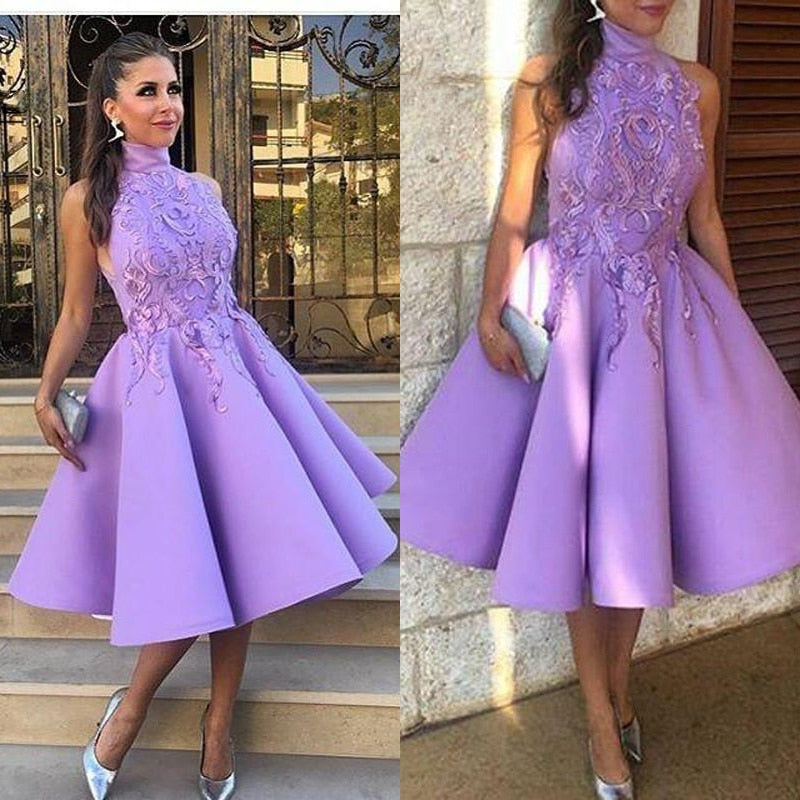 Light Purple High Neck Homecoming Dresses Sleeveless Lace Satin Tea-Length Short Party Prom Gown Appliques Custom Mdae AMAIO