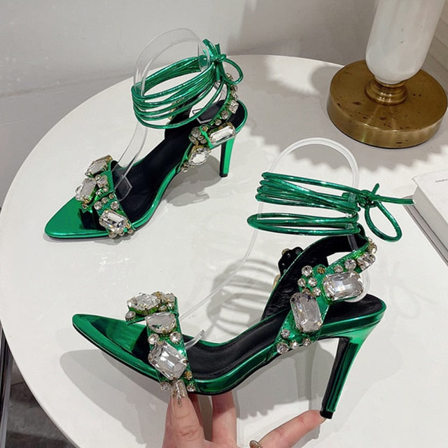 Liyke Sexy Ankle Strap Golded Sandals Women Party Nightclub Stripper Heels Crystal Diamond Pointed Toe Wedding Shoe 8.5CM Green