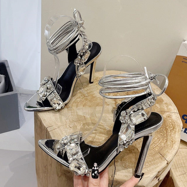 Liyke Sexy Ankle Strap Golded Sandals Women Party Nightclub Stripper Heels Crystal Diamond Pointed Toe Wedding Shoe 11CM Silver