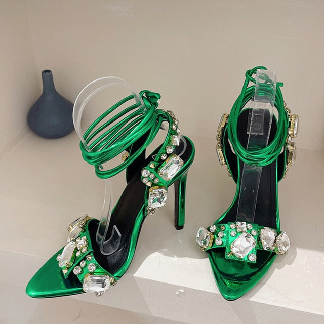 Liyke Sexy Ankle Strap Golded Sandals Women Party Nightclub Stripper Heels Crystal Diamond Pointed Toe Wedding Shoe 11CM Green