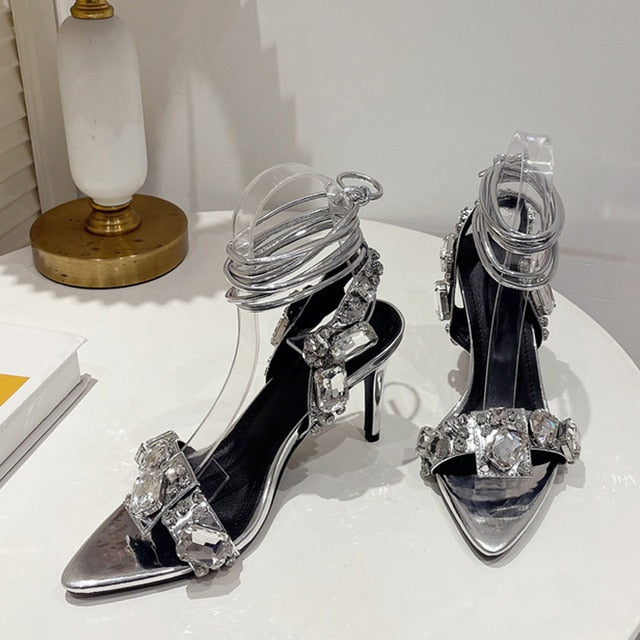 Liyke Sexy Ankle Strap Golded Sandals Women Party Nightclub Stripper Heels Crystal Diamond Pointed Toe Wedding Shoe 8.5CM Silver