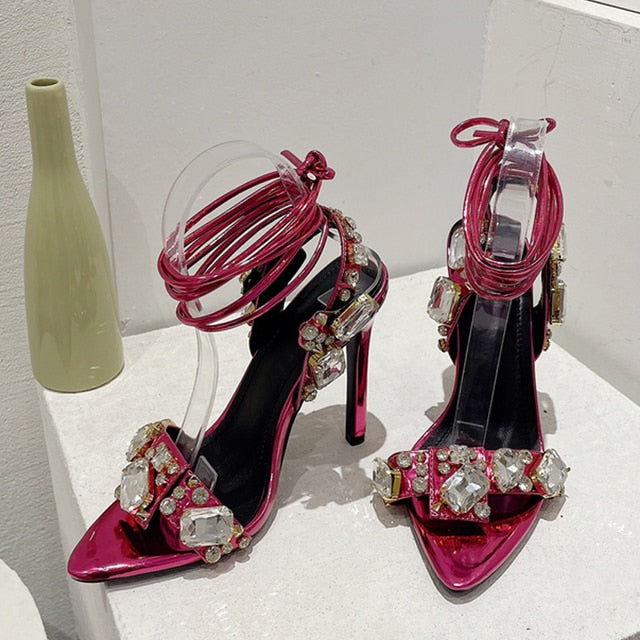 Liyke Sexy Ankle Strap Golded Sandals Women Party Nightclub Stripper Heels Crystal Diamond Pointed Toe Wedding Shoe 11CM Mei red