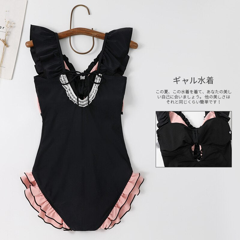 Lolita Japanese Style Swimwear Women Soft Girl One-Piece Swimsuit Lovely Pink Bow Sexy Swimsuit for Ladies